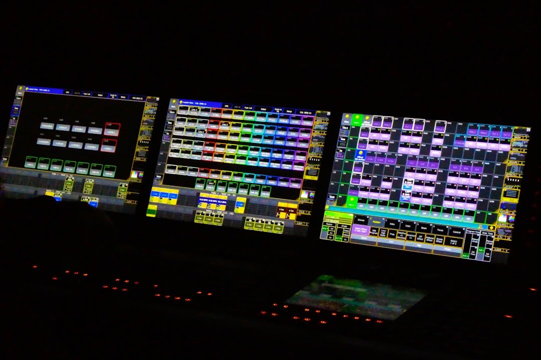 Vision mixer console with switching buttons illuminated